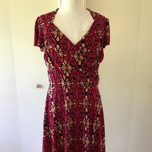 Leota - Comfy professional floral pattern dress, navy, red, orange - Size MP